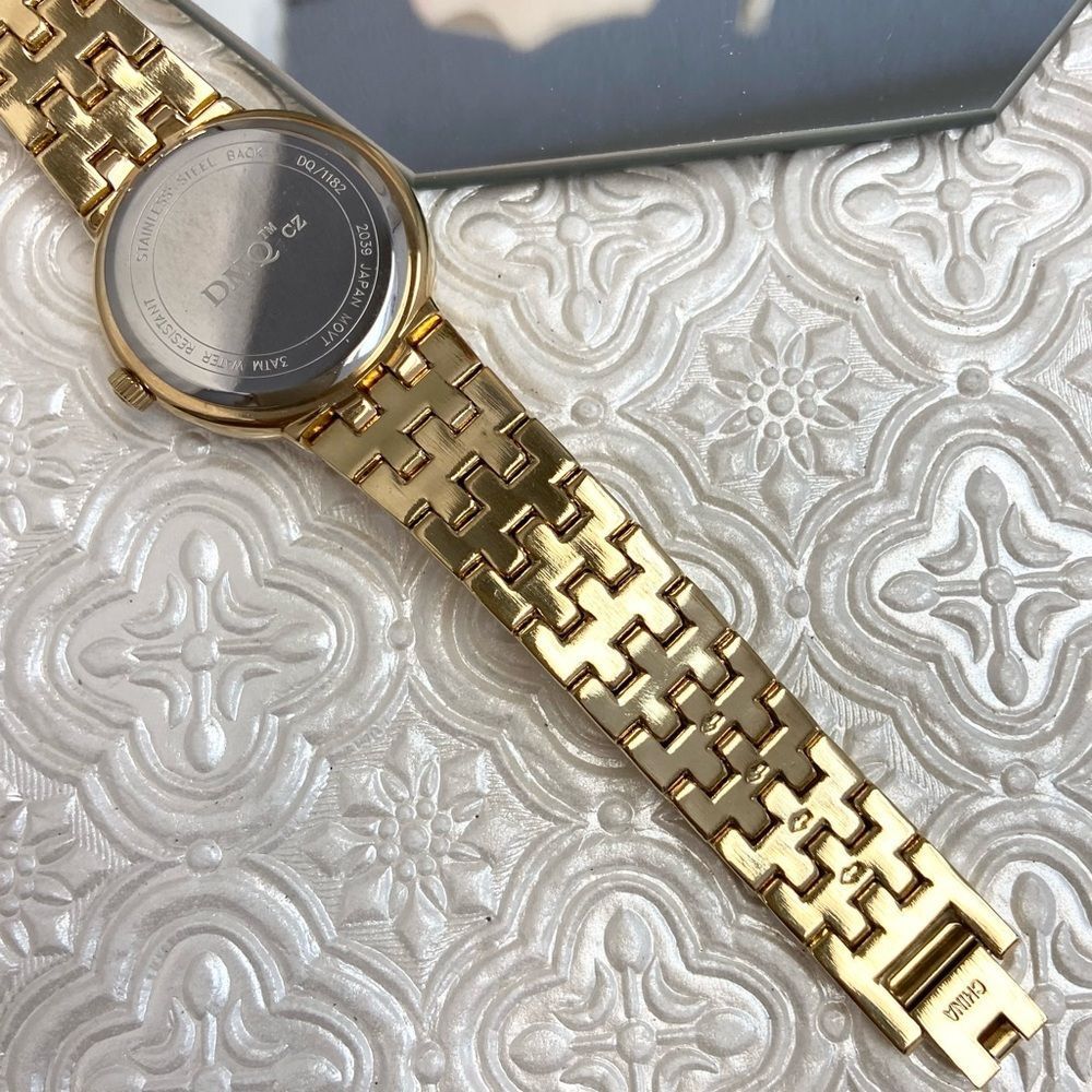 DMQ Diamonique CZ Bezel Mother of Pearl Dial Gold-Tone Dress Watch - Picture 16 of 16